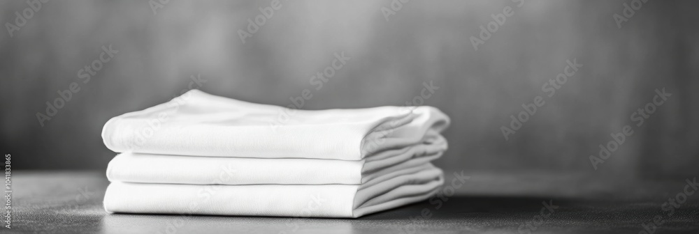 Poster a stack of minimalist sportswear neatly arranged on a smooth table, perfect for an organized fitness