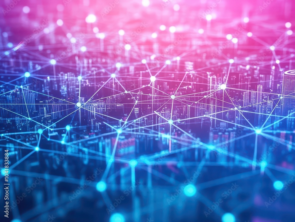 Fototapete Floating dots above city streets connected with flowing gradient lines, symbolizing AIdriven communication, topdown view, robotic tone, Splitcomplementary color scheme