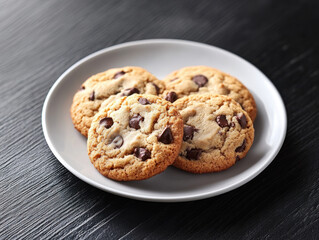 Freshly baked chocolate chip cookies arranged on clean white plate, showcasing their golden brown edges and soft centers, evoke sense of warmth and comfort