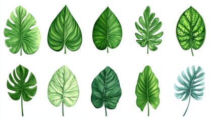 A collection of various tropical leaves displayed on white background