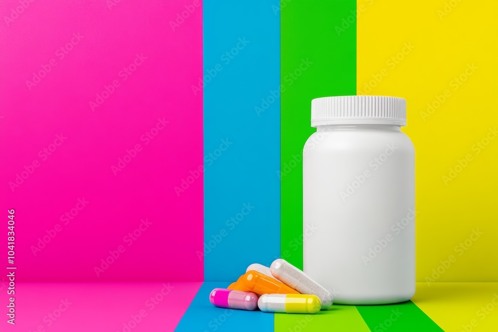 Poster white pill bottle sits on a colorful background with several multicolored pills scattered around it.
