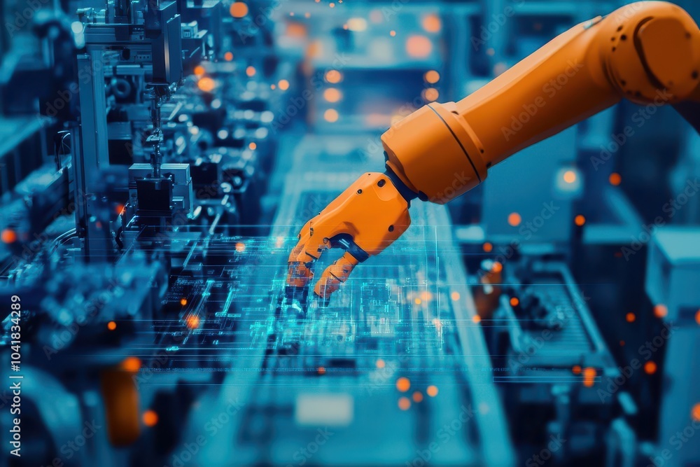 Fototapete Engineer programming industrial robots in a factory, top view  Integrating robotics in modern manufacturing Robotic tone, Tetradic color scheme