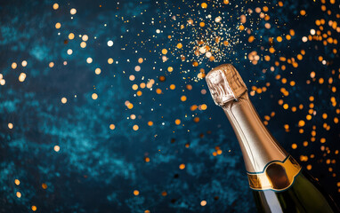 Champagne bottle popping with golden bubbles and glitter flying, symbolizing a moment of excitement Champagne bottle pop, Party celebration