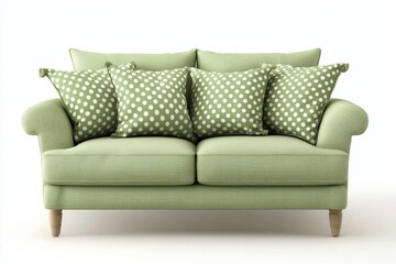 Fototapeta premium A light green sofa adorned with polka dot cushions, offering a cozy and inviting seating option for living spaces.