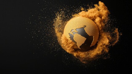 Naklejka premium A globe made of fine particles, representing a dynamic blend of earth and sand, set against a dark background, symbolizing a fusion of nature and creativity.