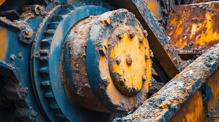 Close-up of crushing and grinding machinery used in the mining industry, showing its rugged design and strength.