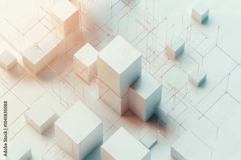 Leinwandbilder Cubes of various sizes and shades interact through diagonal lines, creating an intriguing abstract composition on a light backdrop. Generative AI