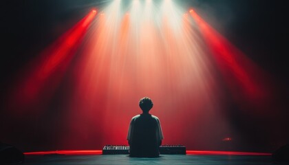 Musician creates a captivating performance under dramatic stage lighting at night