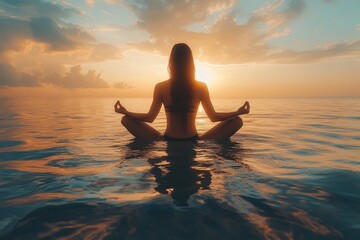 Una mujer de mediana edad medita en un jardín zen, sentada en posición de loto entre rocas y arena. La luz suave del sol ilumina su rostro y se aprecian flores de cerezo en el fondo, transmitiendo



