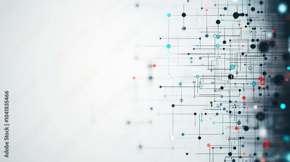Poster Cityscape with dynamic dots and gradient lines, showing a smart citys interwoven data pathways, side view, advanced tone, Monochromatic Color Scheme