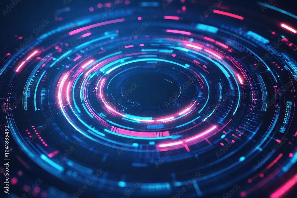 Aufkleber Circular geometric shapes with glowing neon lines in a hightech abstract background, viewed from the top Represents futuristic data flow Futuristic tone Complementary Color Scheme