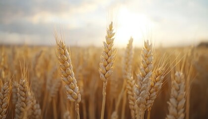 Fototapeta premium Golden wheat fields basking in sunset light on a calm evening