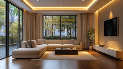 Elegant living room with a creamcolored sectional, polished wood floors, and minimalist decor, elegant cream sofa, modern and sleek