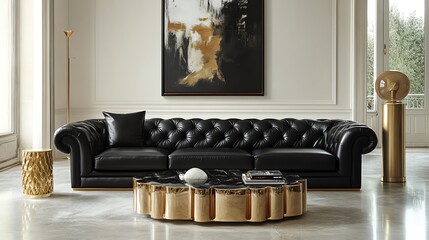 Elegant living room with a black leather sofa, gold accents, and polished concrete flooring, elegant black leather sofa, modern and bold