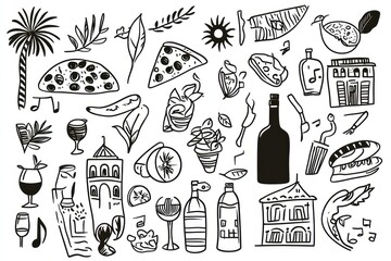 A hand-drawn illustration of various Italian symbols, such as pasta and pizza icons, wine bottles, suns and palm trees for Italy