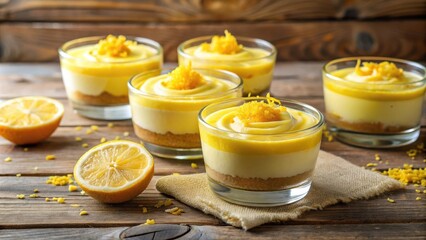Citrusy Lemon Dessert Layered in Glass with Crushed Lemon Zest on a Wooden Table