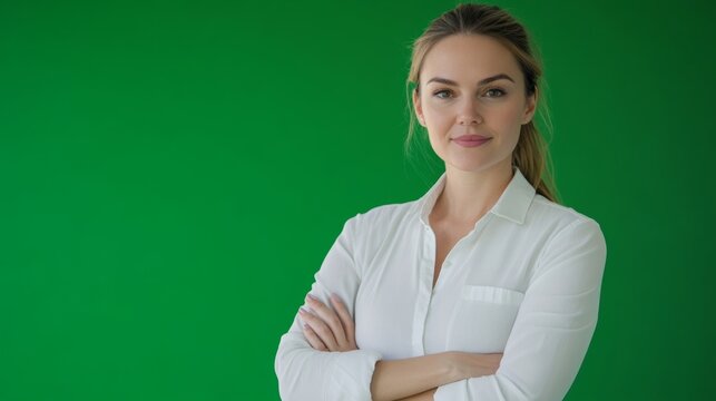A wellness coach standing with arms crossed looking approachable against a bright green canvas.