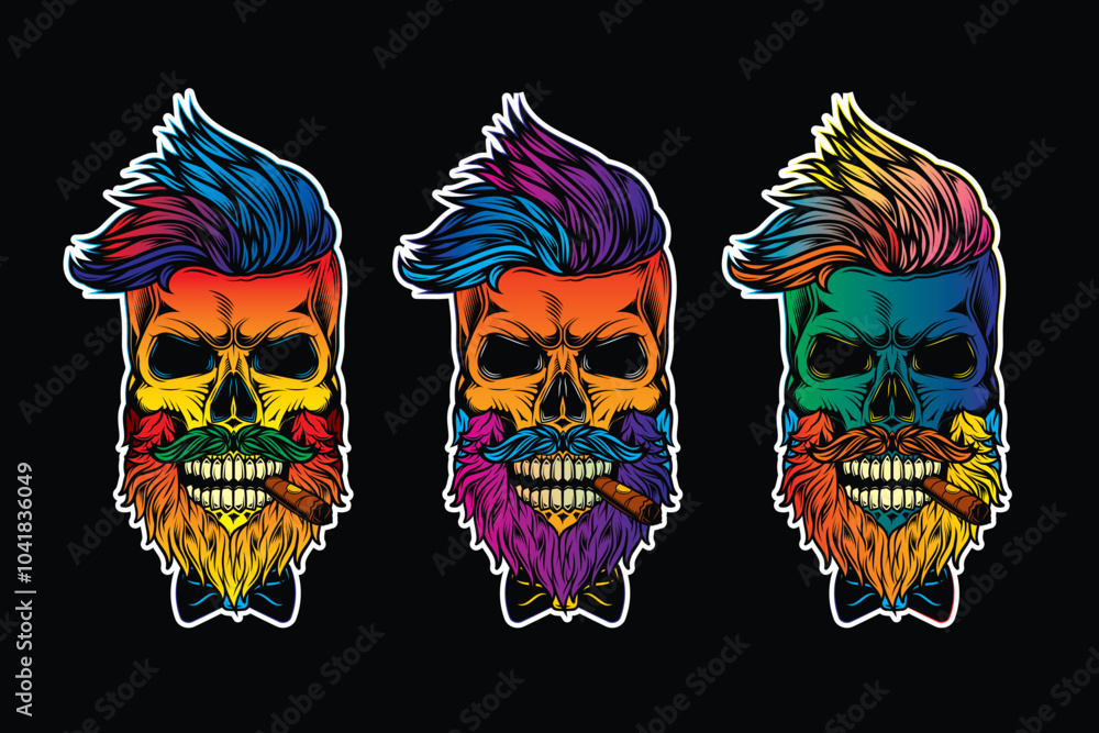 Wall mural Hipster skull with beard and mustache with cigar in mouth.. Original vector illustration in vintage style. T-shirt design.