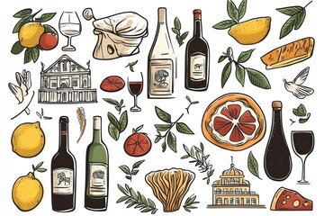 A hand-drawn illustration of various Italian symbols, such as pasta and pizza icons, wine bottles, suns and palm trees for Italy