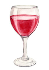 Realistic watercolor illustration of a glass of red wine. Hand drawn alcoholic drink. Design element for bar and restaurant menu, tasting.