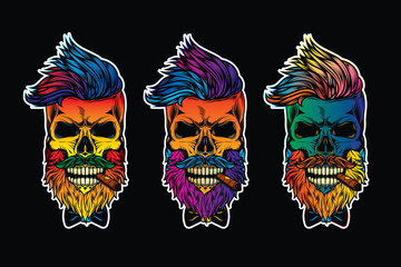 Hipster skull with beard and mustache with cigar in mouth.. Original vector illustration in vintage style. T-shirt design.
