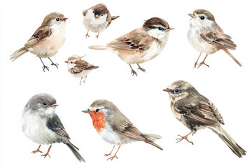 Fototapeta premium A beautiful watercolor set of small garden birds, like sparrows, finches, and robins, painted in soft, natural tones. The birds are isolated on a white background, perfect for elegant, nature-inspired