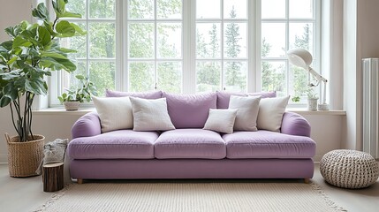 Elegant living room with a soft lavender sofa, large windows, and neutral tones, elegant lavender sofa, airy and sophisticated