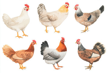 A soft watercolor illustration of barnyard birds, including chickens, ducks, and turkeys, each hand-painted with gentle strokes. Isolated on a white background, ideal for rural-themed designs and wild