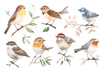 Fototapeta premium A beautiful watercolor set of small garden birds, like sparrows, finches, and robins, painted in soft, natural tones. The birds are isolated on a white background, perfect for elegant, nature-inspired