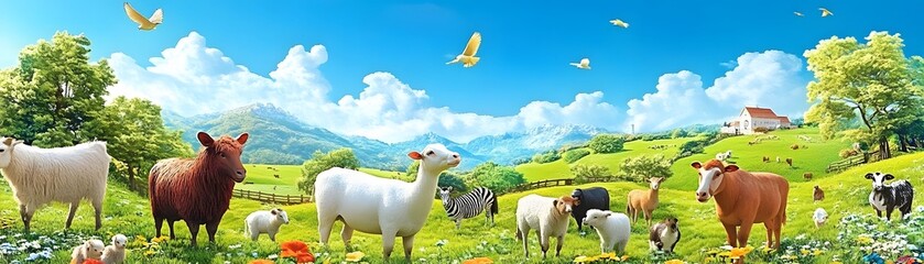 Obraz premium Lush Pasture with Grazing Farm Animals under Blue Sky