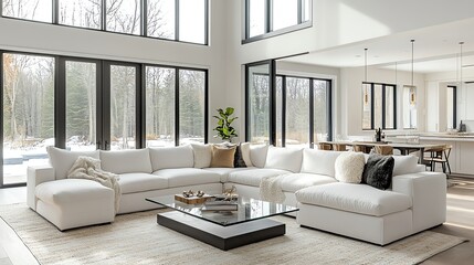 Elegant living room with a white sectional, glass coffee table, and minimalist decor, elegant modern living room, sophisticated and airy