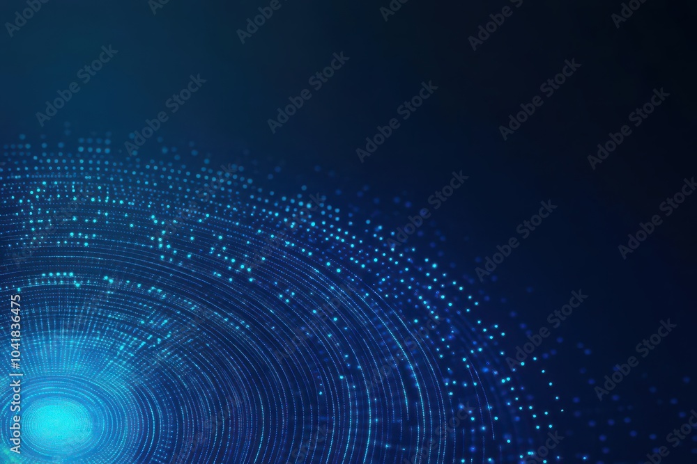 Poster blue halftone pattern, dynamic concentric circles, abstract futuristic motion