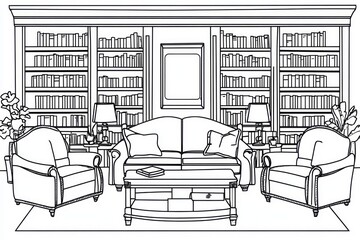 a library with large bookshelves, plush sofas, , coloring page, simple and clean line arts , cartoon style, bold black thick lines, no fill color , no shadaws , no shading, white background