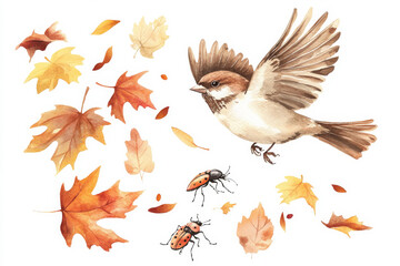 A charming watercolor composition with a sparrow in flight, autumn leaves swirling around it, and beetles creeping below. Each element is hand-painted and isolated on a clean white background, perfect