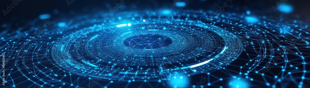 Poster blue halftone digital mesh, interconnected circles, futuristic abstract structure