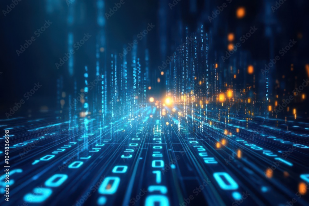 Poster blue binary numbers, glowing data stream, tech futuristic landscape