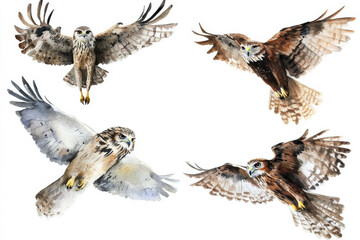 A creative watercolor set of exotic birds of prey, including eagles, owls, and falcons, each meticulously hand-painted. Isolated on a white background, perfect for wildlife-inspired design and decor.