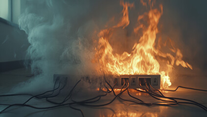 power strip with multiple cables connected is engulfed in flames, creating dramatic scene filled with smoke. This highlights dangers of electrical overload and fire hazards