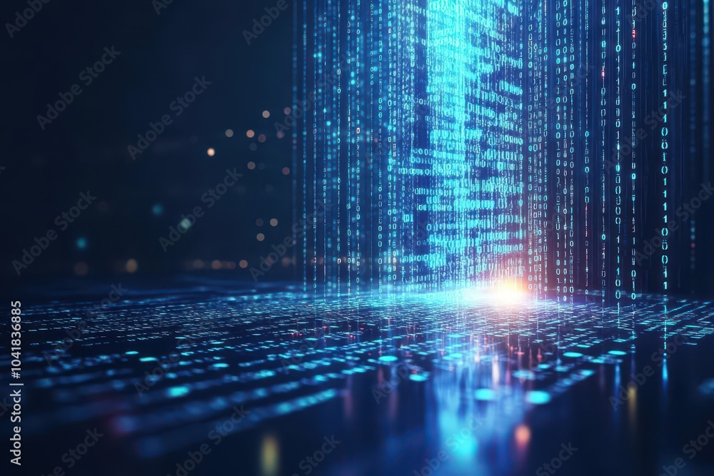 Poster Binary code waterfall, neon blue glow, abstract data flow