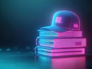 Bachelor cap on a stack of glowing holographic books, AIthemed, futuristic neon lights, highresolution 3D render