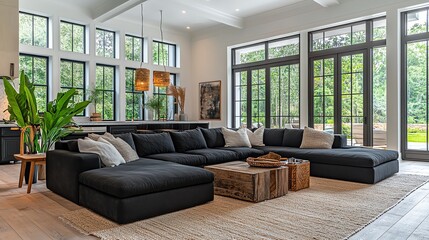Spacious elegant living room with a black sectional sofa, polished wood floors, and statement lighting, elegant black sectional, modern and airy