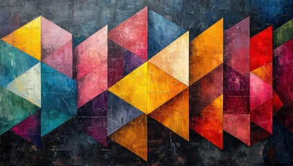 Fototapeta premium Abstract painting of colorful geometric shapes, with sharp angles and bold colors, creating an eye-catching pattern