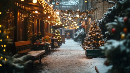 Obraz premium Snowy New Year's photo zone by a bakery cafe. Toys, Christmas trees, benches, garland, and twinkling lightbulbs are examples of Christmas décor. festive atmosphere. image for a postcard