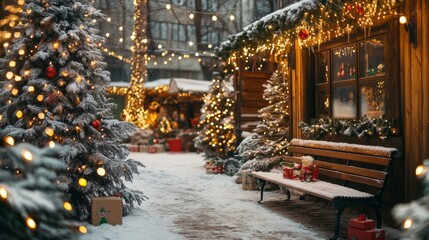Obraz premium Snowy New Year's photo zone by a bakery cafe. Toys, Christmas trees, benches, garland, and twinkling lightbulbs are examples of Christmas décor. festive atmosphere. image for a postcard