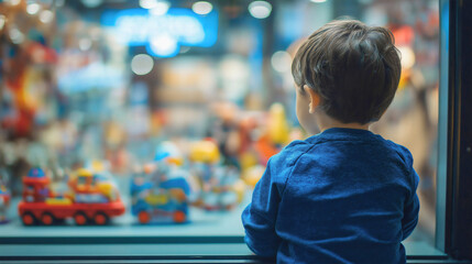 Cute boy looking through a toy store window, filled with childhood joy and excitement, as the happy child explores gifts in the shop, embracing the fun of shopping for a special present