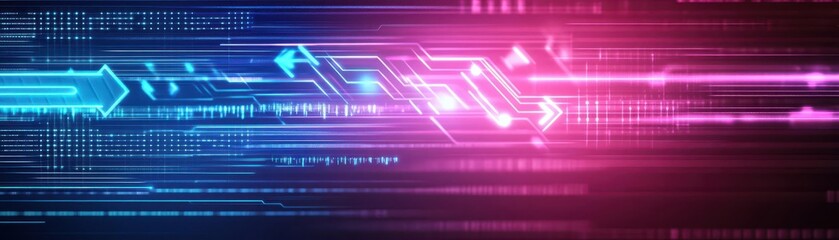 Abstract arrows, neon glow, digital circuitry, futuristic data flow, blue and purple tones