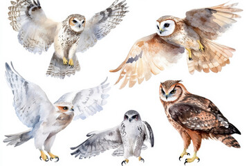 Fototapeta premium An artistic watercolor set of forest birds, such as owls, falcons, and hawks. Each bird is painted with soft, natural colors and isolated on a white background, making them ideal for wildlife decor or