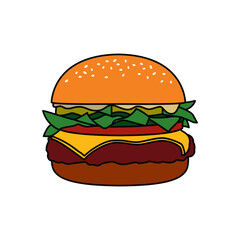 Burger with cutlet, tomatoes and herbs. Original vector illustration in vintage style. T-shirt design.