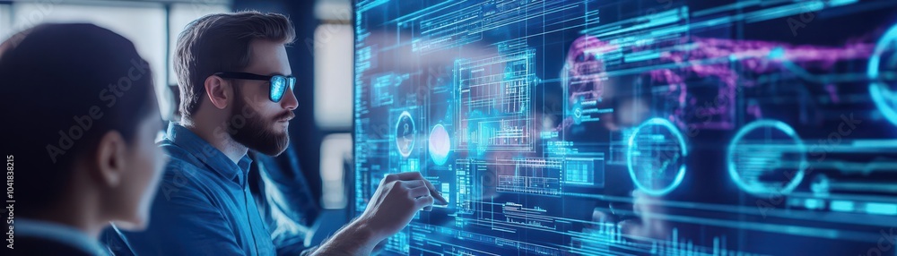 Poster A group of inventors collaborating over a digital whiteboard displaying glowing holographic charts and product mockups, blue and purple lighting, Steampunk, 3D