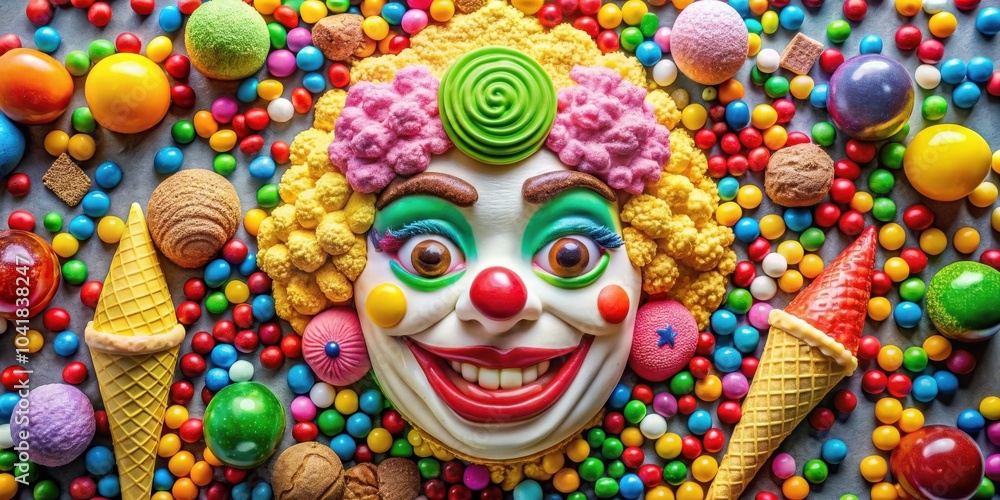 Poster A playful clown face surrounded by a colorful array of candy and treats, inviting a whimsical escape into a world of sugar-coated joy.